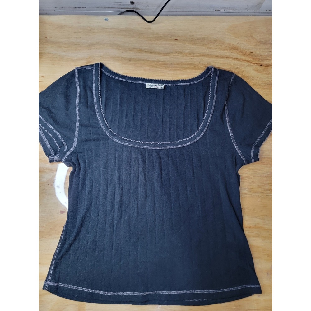 ♡Intimately Free People Black Ribbed Scoop Neck Contrast Stitch Top Size L